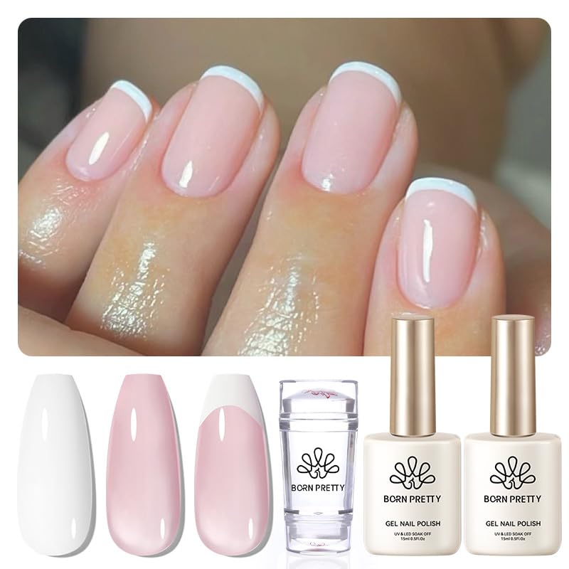 Born Pretty French Manicure Kit, Nail Stamper and 2Pcs Gel Nail Polish, Include Jelly Milky Pink White Colors for French Tip, U V Light Cure