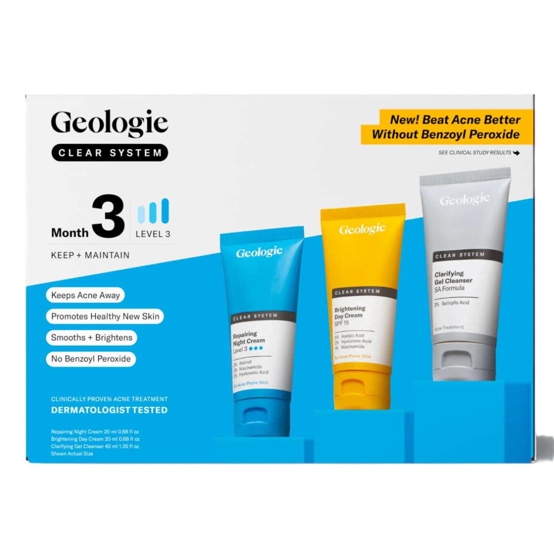 Geologie Clear System | 3-Step Acne Treatment & Skincare Set | Clears Skin Fast | Acne Gel Cleanser, SPF15 Day Cream & Retinol Face Cream For Men & Women | Month 1 / Level 1