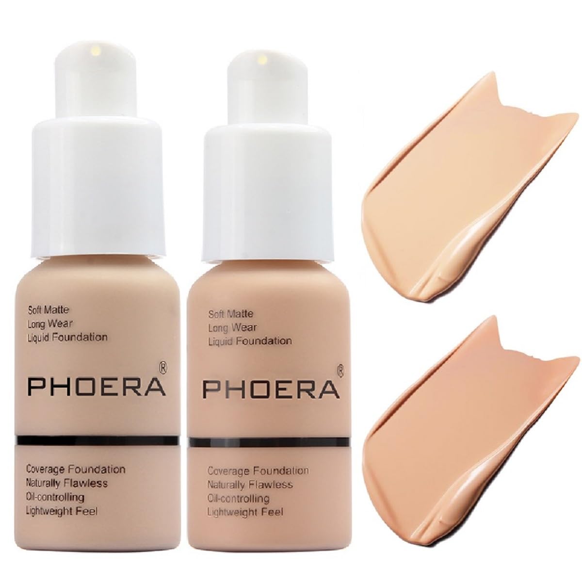 2 Pack PHOERA Foundation 102# Nude 103# Warm Peach,Flawless Soft Matte Liquid Foundation 24 HR Oil Control Concealer Foundation Makeup.