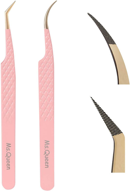 Ms.Queen Volume Lash Tweezers Set,2Pcs Fiber Tip 45 Degree Volume and Curved Isolation Eyelash Extension Tweezers