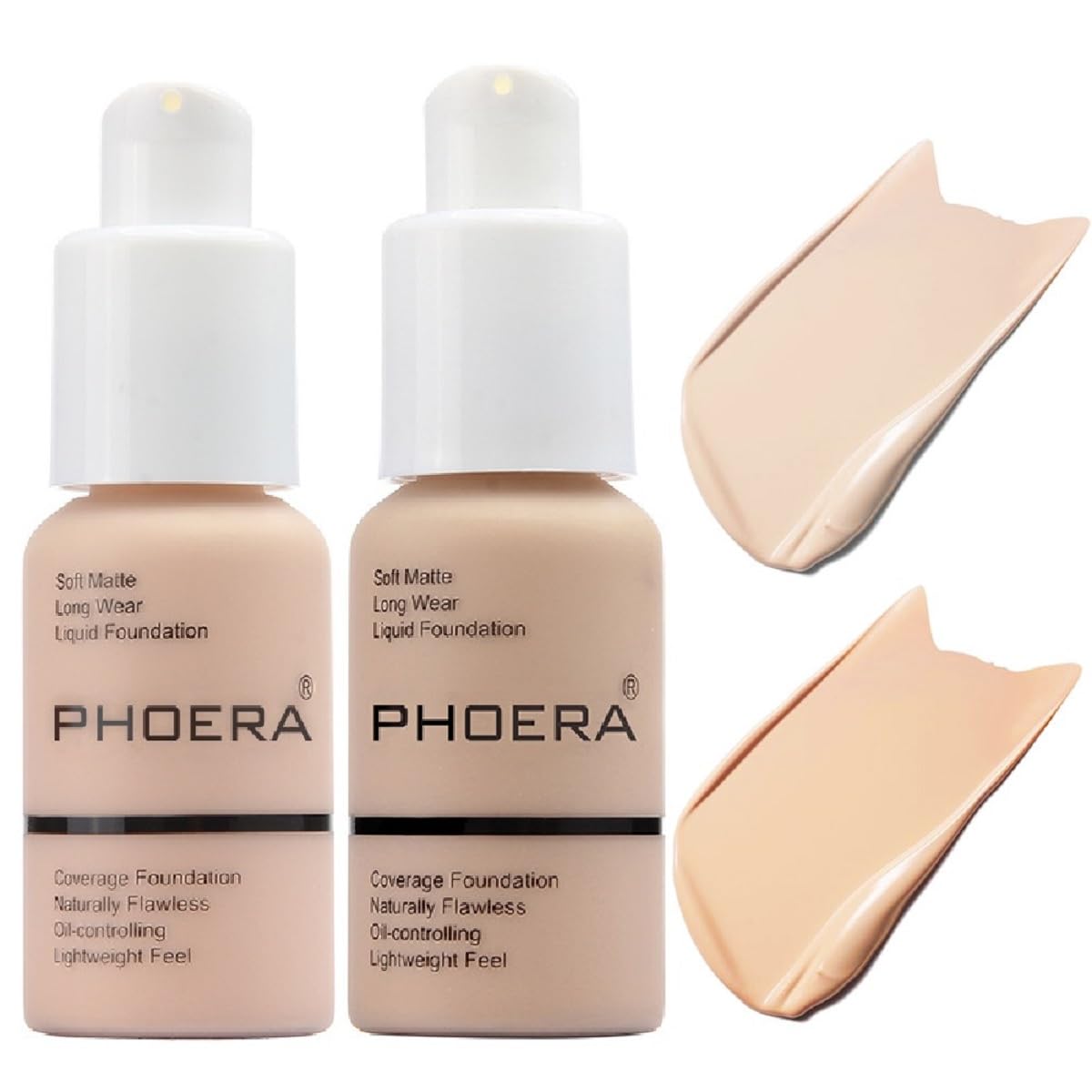 2 Pack PHOERA Foundation 101- Porcelain and102- Nude, Flawless Soft Matte Liquid Foundation 24 HR Oil Control Concealer Foundation Makeup