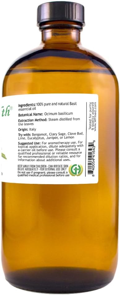 Basil Essential Oil – 16 fl oz (473 ml) Amber Glass Bottle – 100% Pure, Undiluted, Therapeutic Grade – Fresh, Herbaceous Aroma – GreenHealth