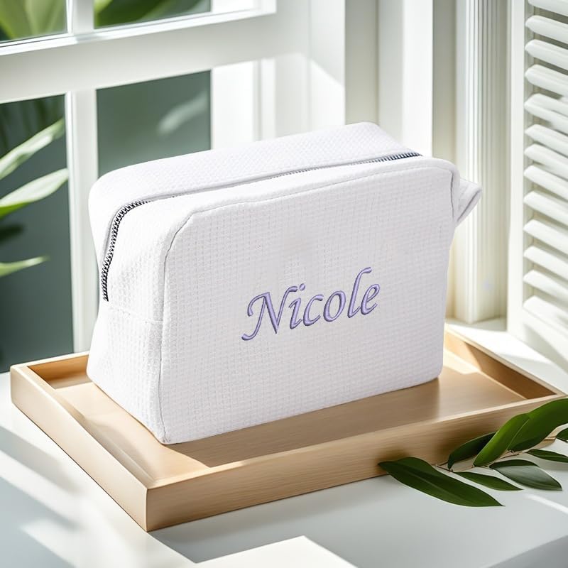 GOPHIE Personalized Embroidered Makeup Bag,Custom Waffle Fabric Cosmetic Pouch for Women, Travel Makeup Pouch (6, White)