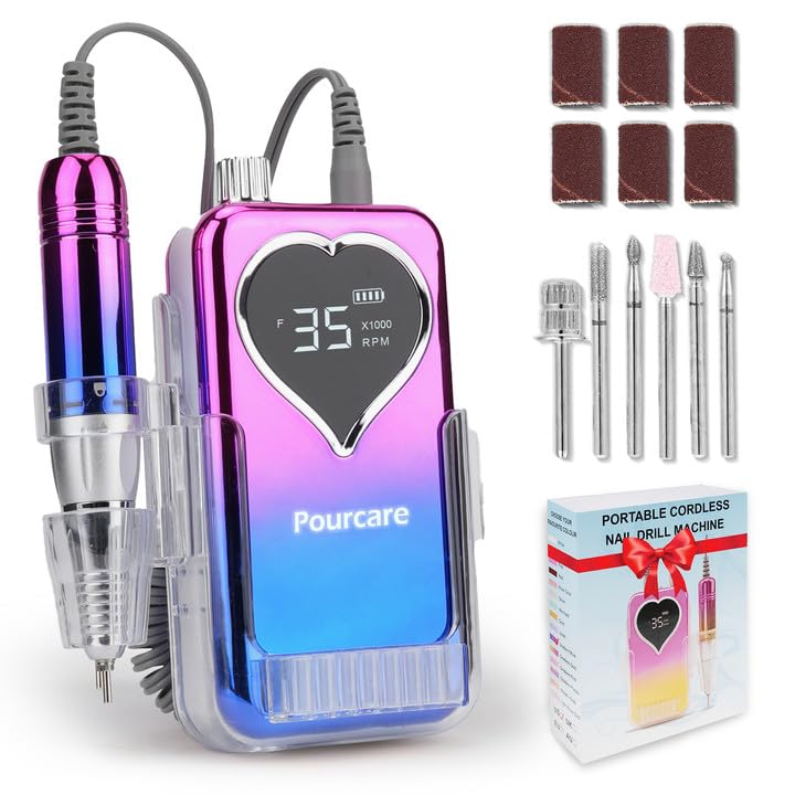 Electric Professional Nail Drill 35000 RPM,Electric Nail File Efile Machine Set,Rechargeable Acrylic Nail Tool Kit,Manicure Pedicure Gel Grinder Polish for Home Salon Teach(Sunset Blue)