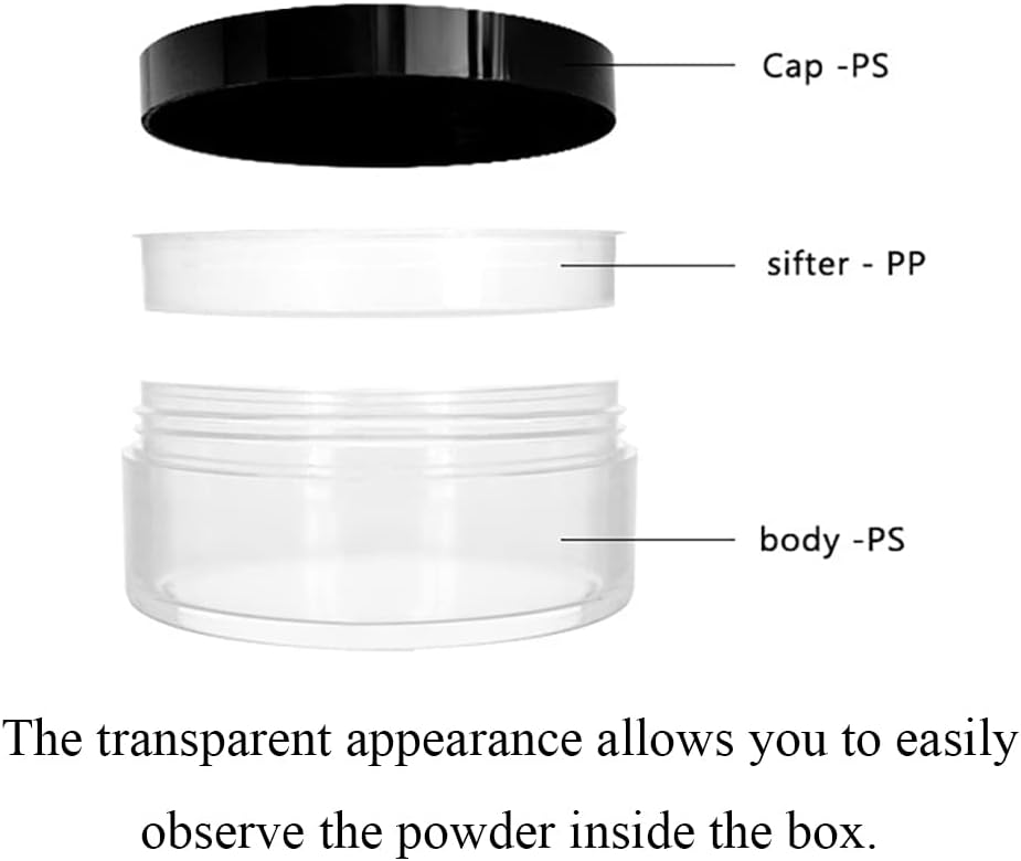 HAHIYO 2Pcs 50ml/1.69oz Plastic Empty Travel Powder Container Large Loose Powder Compact Case Makeup Cosmetic Jar Refillable Powder Box No Leak Powder Holder with Common Sifter and Black Screw Lid