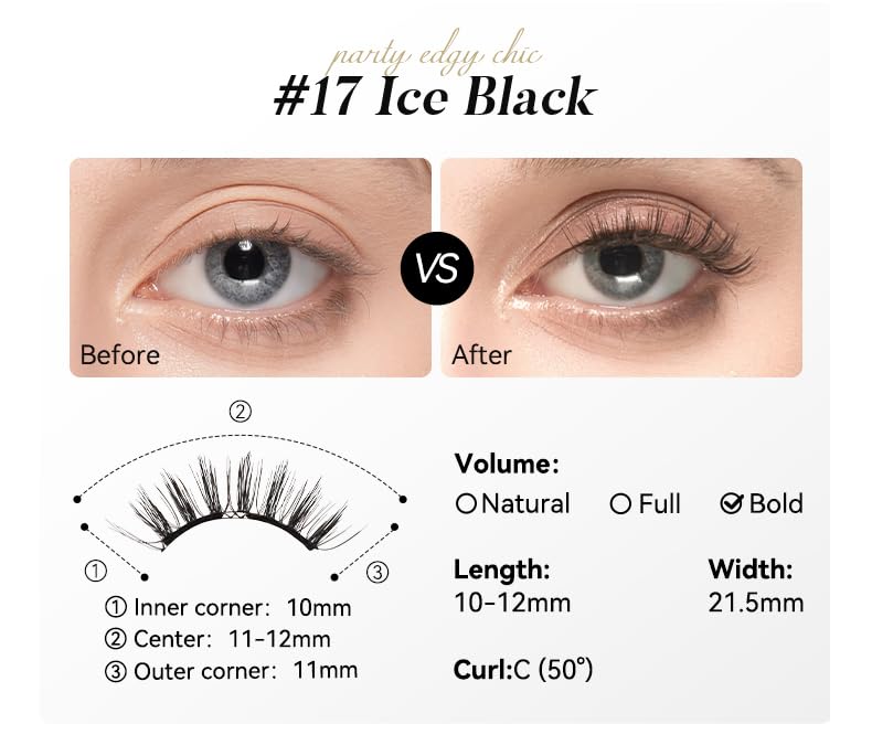 [No.17 Ice Black] Magnetic Eyelashes with Applicator Kit, Reusable Magnetic Lashes without Eyeliner, Glue-free False Lashes, Waterproof, Lightweight