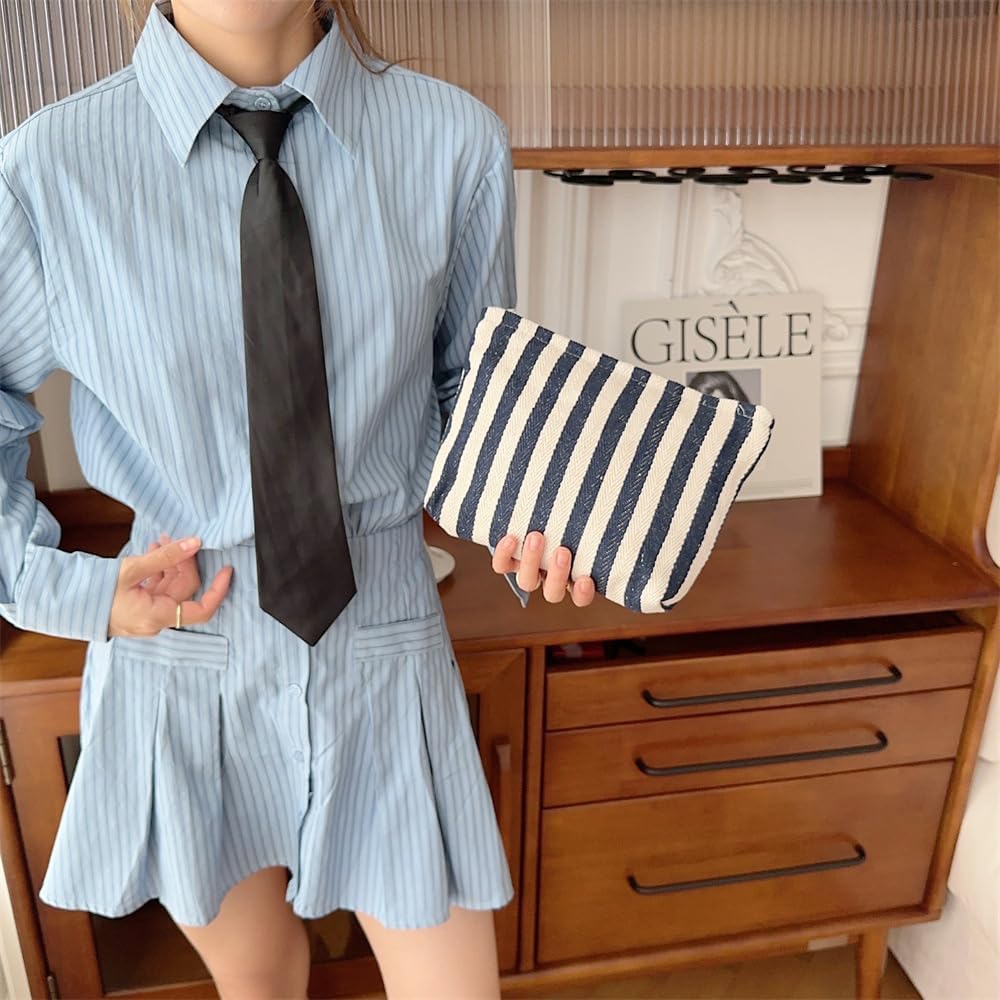 PAZIMIIK Makeup Bag Large Cotton Zipper Pouch for Purse Travel Canvas Make Up Organizer for Women Cosmetic,Stripe Navy Blue