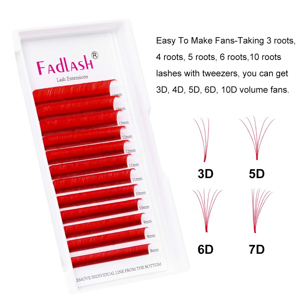 Colored Lash Extension Easy Fan Volume Lashes C Curl Self Blooming Lash Extensions Matte Rapid Volume Eyelashes Extension (Red Color 0.07-C, 8-14mm)