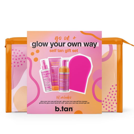 b.tan Clear Self Tanning Gel Travel Size Kit | Glow Your Own Way Gift Set - Includes Mini Dark Fake Tanner Mousse, Gradual Bronzing Face Mist, Express Transfer Free Tan Gel, & Applicator Mitt