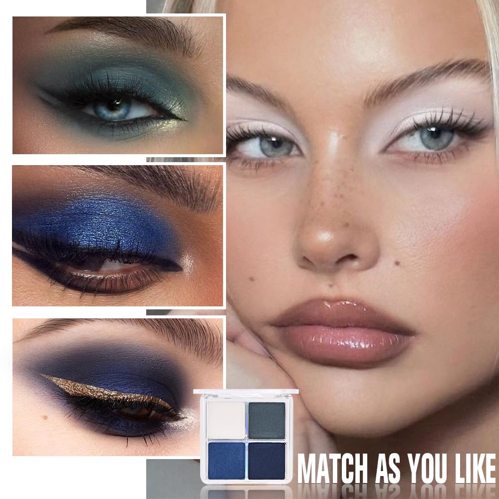 evpct Eyeshadow Quad Palette, White Cyan Royal Dark Blue Green Glitter Shimmer Metallic Matte High Pigment Mini Eye Shadow Palette Makeup for older Women, Smudge Proof Vegan Cruelty-free Night Mayhemt