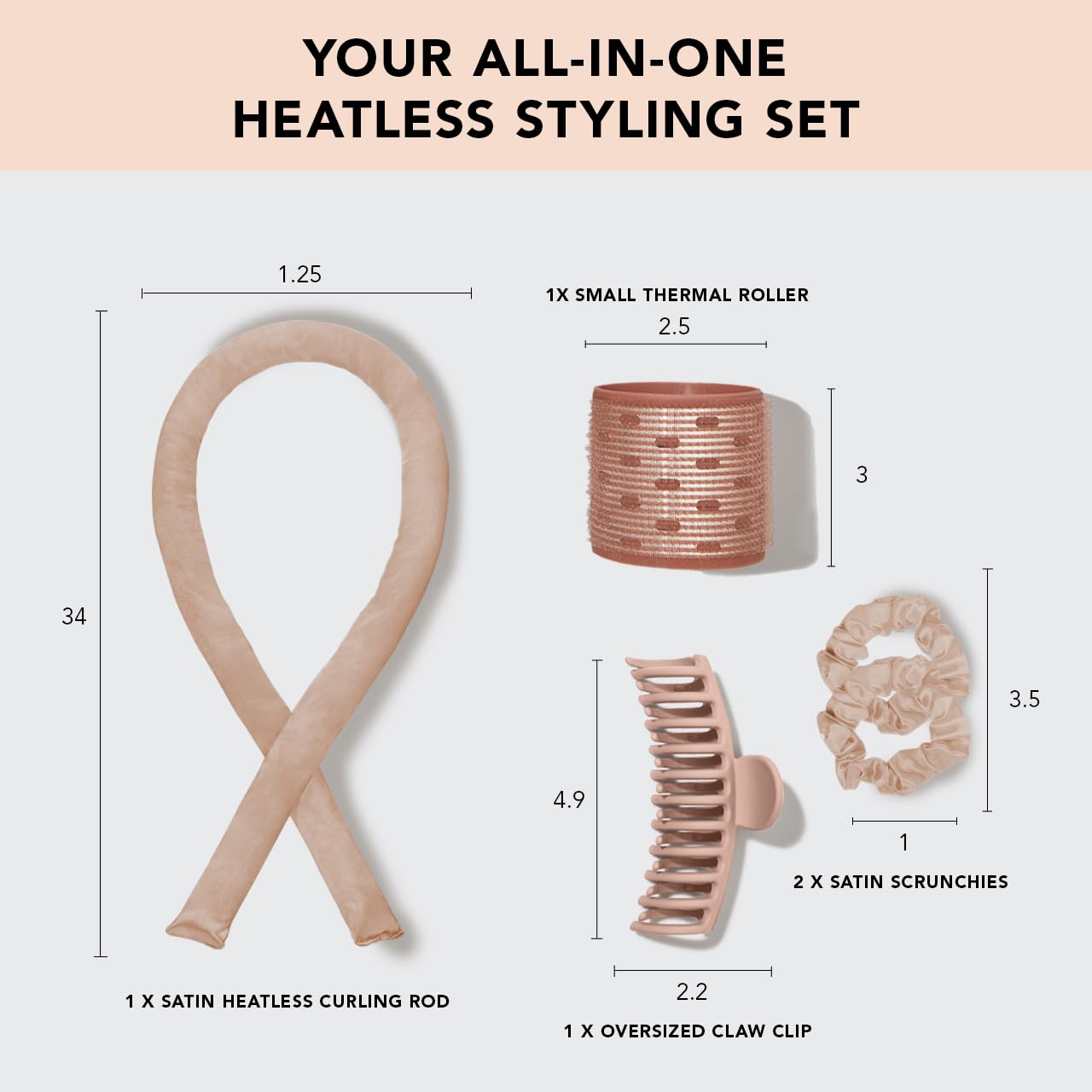 Kitsch Satin Heatless Hair Curler Styling 5pc Gift Set - Satin Heatless Hair Curler w/ 2 Scrunchies, Ceramic Thermal Roller & Claw Clip, Gifts for Women, Hair Roller Styling & Accessories- Champagne