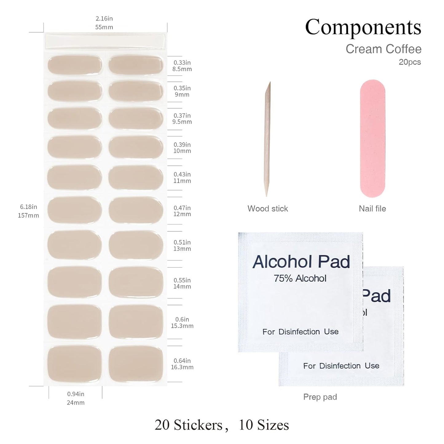 Semi Cured Gel Nail Strips, 20 PCS Gel Nail Stickers Work with UV Light, Gel Nail Wraps, Salon Quality & Easy to Use - Cream Coffee