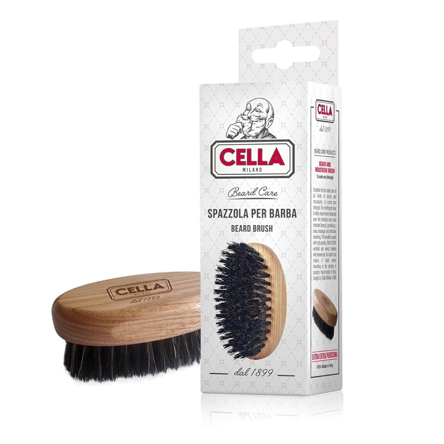 Cella Milano, Beard & Mustache Brush – Handmade in Italy with Boar & Nylon Bristles – Grooming Brush for Men’s Facial Hair, Tames & Softens Beard, Anti-Static Wood Handle