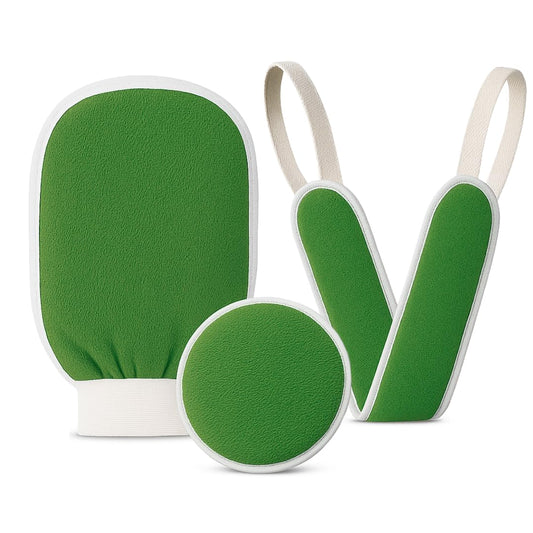 Exfoliating Glove Set (Original) – 3 Pieces Moroccan Hammam Scrub Mitts for Face, Body & Back – Deep Skin Cleansing & Dead Skin Removal – Reusable Spa Exfoliator – Assorted Colors (GREEN)