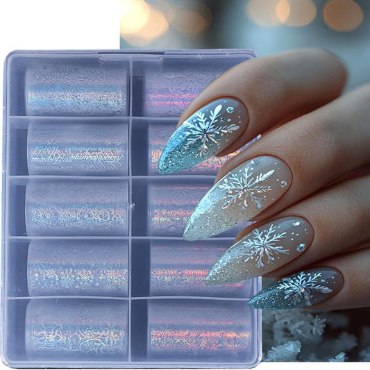1Box 10 Rolls Laser Silvery Snowflake Nail Art Transfer Stickers 3D Christmas Tree Snowman ELK Starry Sky Paper Decals Rose Letter Gift Manicure Supplies Christmas Nail Foil Transfer Stickers Decals