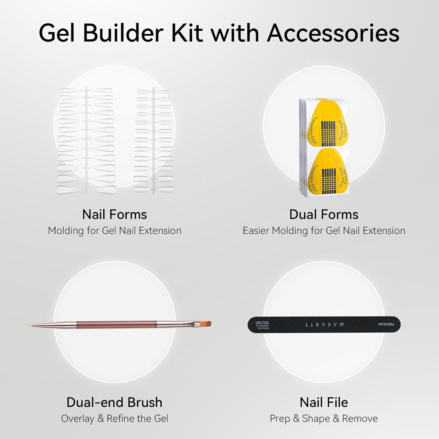 Makartt Clear Gel Builder Kit: Self-Levelling, Long Lasting Extension Hard Gels for Strengthener, Broken Nails Repair Gel Kit with Paper Forms, Dual forms, Nail File and Dual-End Brush 1.06 oz