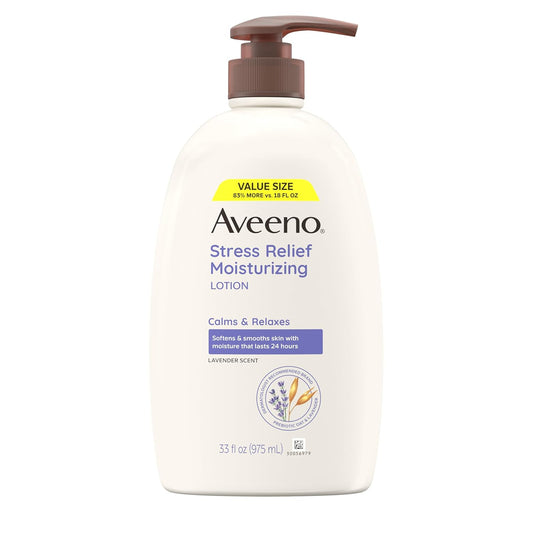 Aveeno Stress Relief Moisturizing Body Lotion 33 Fl Oz, Lavender Scent with Prebiotic Oat, Hydrating 24-Hour Moisturizer Non-Greasy for Dry Sensitive Skin, Paraben & Dye Free, Calming & Relaxing