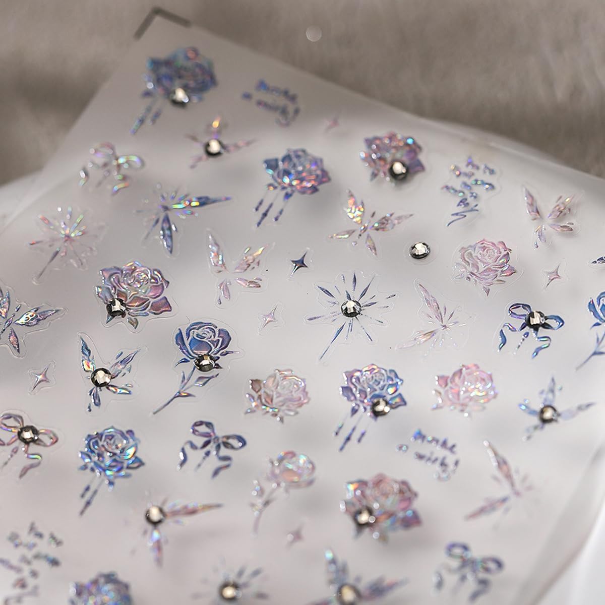 Rose Nail Stickers for Nail Art Holographic Flower Nail Decals with Rhinestone Spring Stickers for Nails Designs Self Adhesive Nail Art Supplies & Decorations for Women Girls 1 Sheet