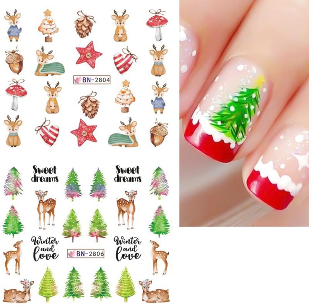 Christmas Nail Art Stickers Decals Snowflake Water Transfer Slider Nail Foils for Christmas Nail Art Supplies Cartoon Santa Claus Elk Gift Polar Bear Winter Design DIY Manicure Tips Stickers for Nails