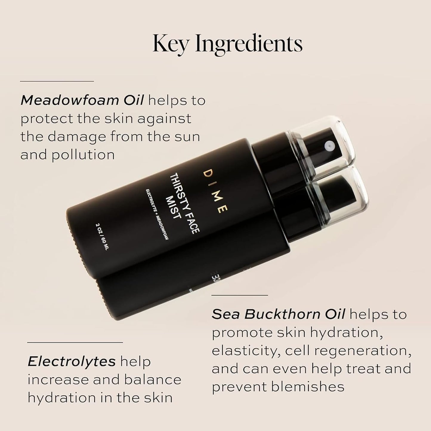 Dime Beauty Thirsty Face Mist with Electrolytes, Meadowfoam, and Sea Buckthorn, Hydrating Facial Spray, 2 oz / 60 ml