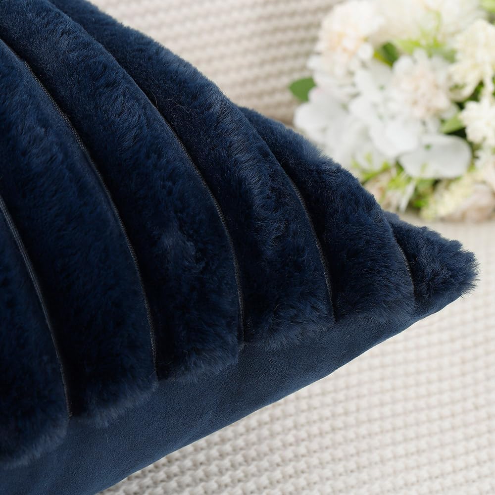 MADIZZ Set of 2 Faux Wool Plush Decorative Throw Pillow Covers 24x24 Inch Dark Blue Fluffy Striped Soft Decorative Cushion Cover for Sofa Bedroom Pillow Shell