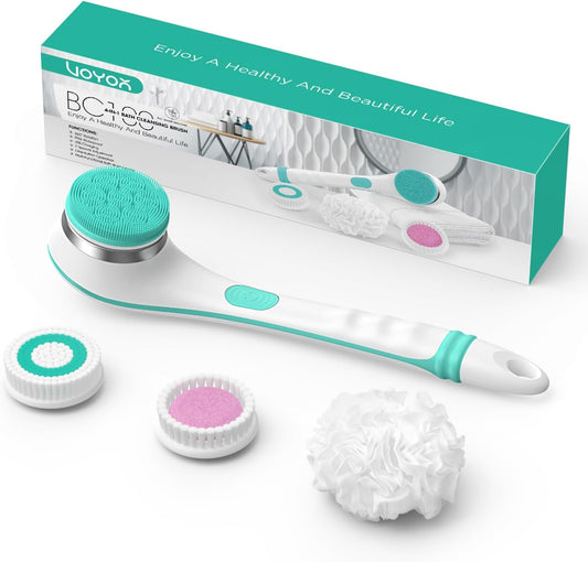 VOYOR Electric Silicone Body Scrubber, Back Scrubber for Shower, Waterproof Long Handle Body Brush, Rechargeable Power Bath Brush for Cleansing, Exfoliating, Massaging Skin BC100 (Blue)