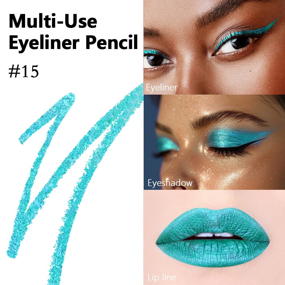 evpct Teal Eyeliner Pencils for Eyes, Blue Green Colored Eye Liner Pencil Pen Makeup Waterproof Smudge Proof, Colored Gel Waterline Eyeliner Liquid, Face Eye Paint Stick Halloween Makeup 15