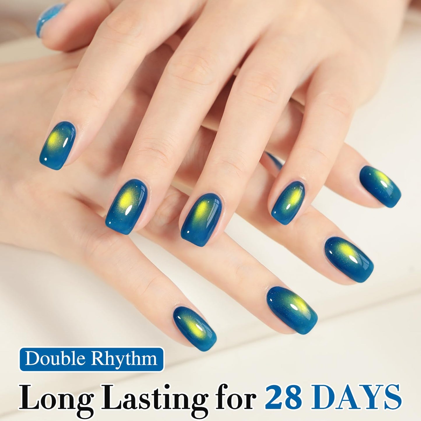 Double Rhythm Jelly Glass Cat Eye Gel Polish with Magnet 15ML Holographic Glitter Shimmer Translucent Sheer Color Magnetic Nail Polish Salon DIY at Home (Golden Blue-MC1255)