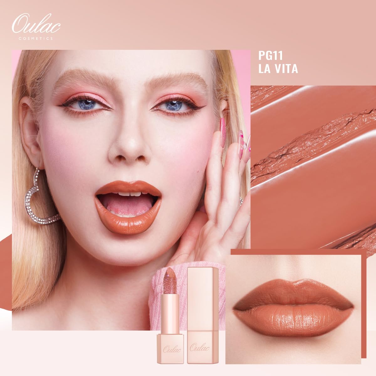 Oulac Infinity Moisture Shine Lipstick - High Shine Shimmery Finish, Super Creamy Texture, Medium to High Coverage - Gluten Free, PG11 La Vita