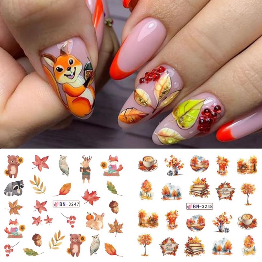 Fall Maple Leaf Nail Art Stickers for Thanksgiving Day Accessories - Autumn Water Transfer Decals With Fall Harvest Pumpkin Squirrel Bird Watermark Slider Foils for Women