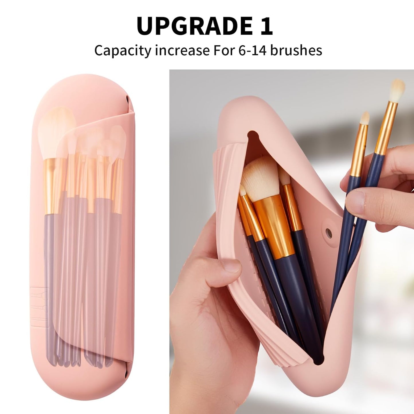 Silicone Makeup Brush Holder Travel Cosmetic Bag：Soft Portable Cosmetic Face Brushes Holder with Upgrade Anti-Fall Out Magnetic Closure, Large Travel Makeup Brush Case - Pink Sand