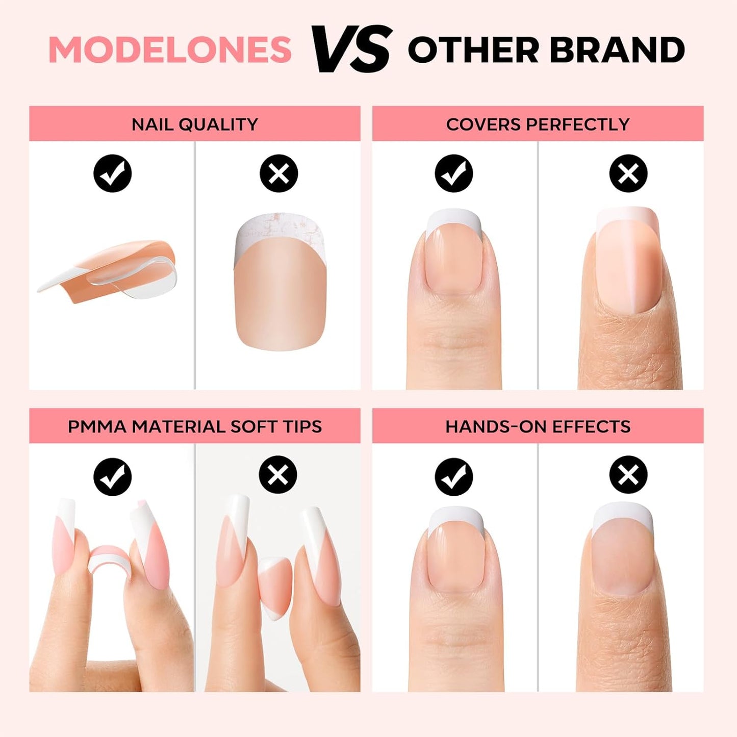 modelones French Tip Press on Nails, Short Square Fake Nails with Nail Box, Nude Gel Nail Tips for Women, Soft Glue-On Nails for Natural Salon Look, DIY Nail Art Kit