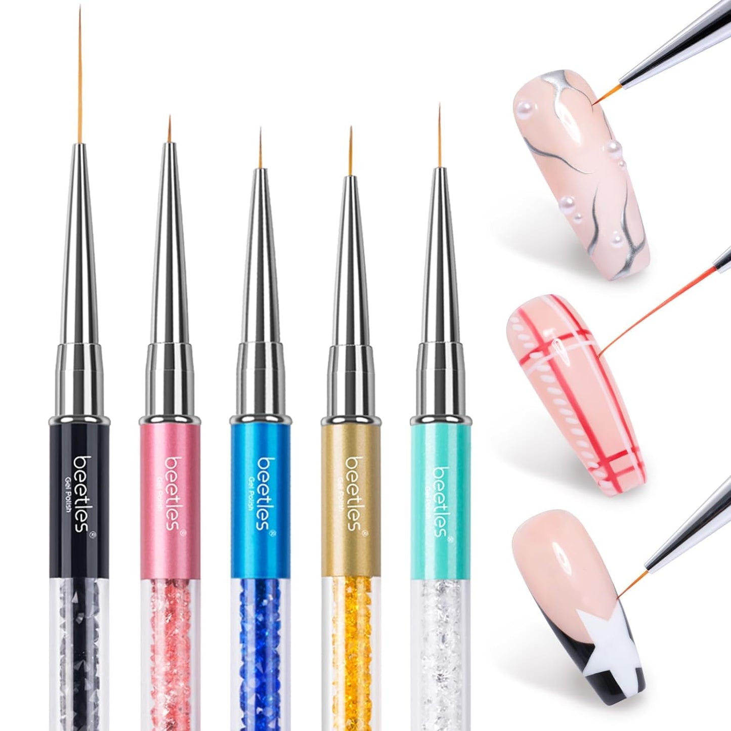 Beetles Gel Polish Nail Art Liner Brushes 5Pcs Painting Art Design Pen Set Diamond Application Rhinestone Handle Dotting Drawing Sizes 5 7 9 11 20mm Nail Design Gift for Women