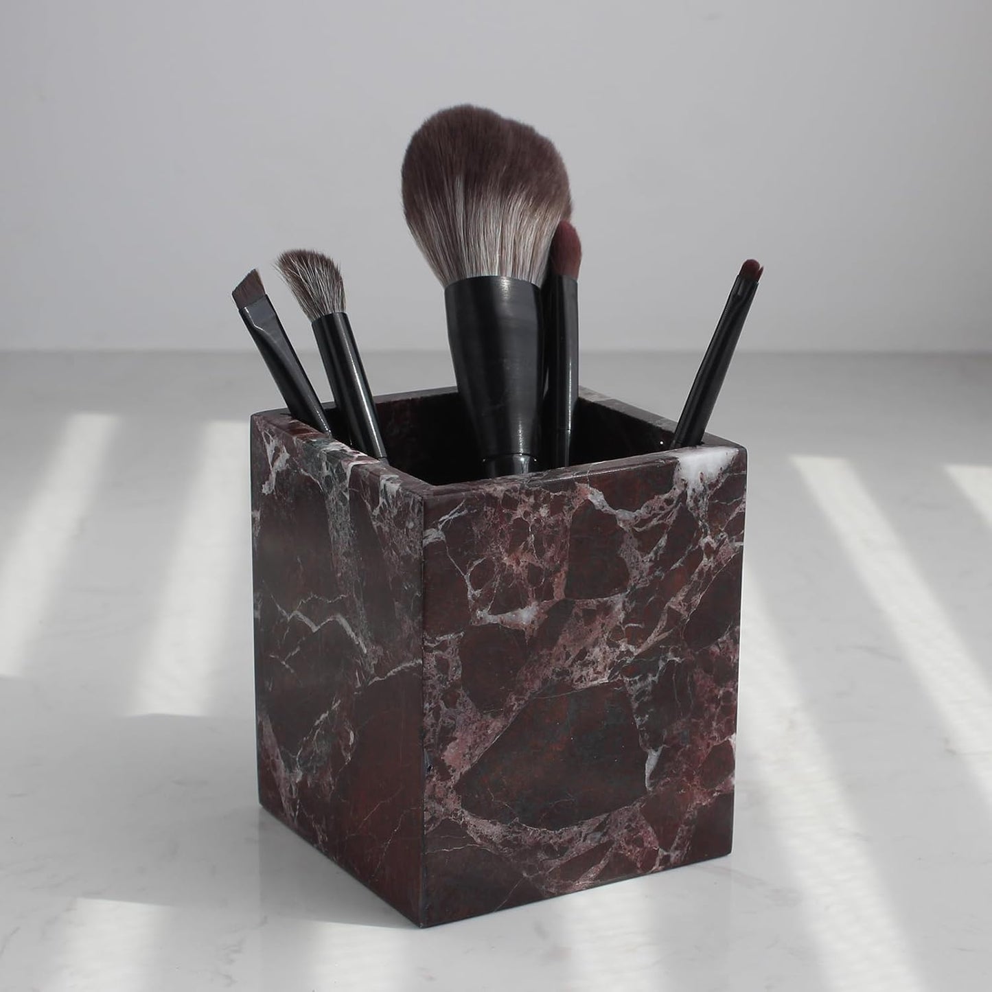 Natural Rosso Levanto Marble Square Storage Container for Toothbrush/Makeup Brush/Pens, Countertop Organizer Bathroom