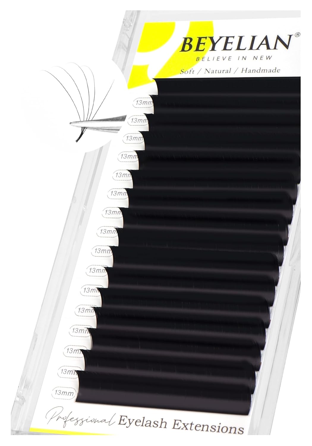BEYELIAN Eyelash Extension 0.05 D Curl 13mm Tray Easy Fan Lash Extensions Volume Lashes 100°/212°F High Temperature Resistant Classic Professional Use Natural Matte Black (0.05 D 13mm)