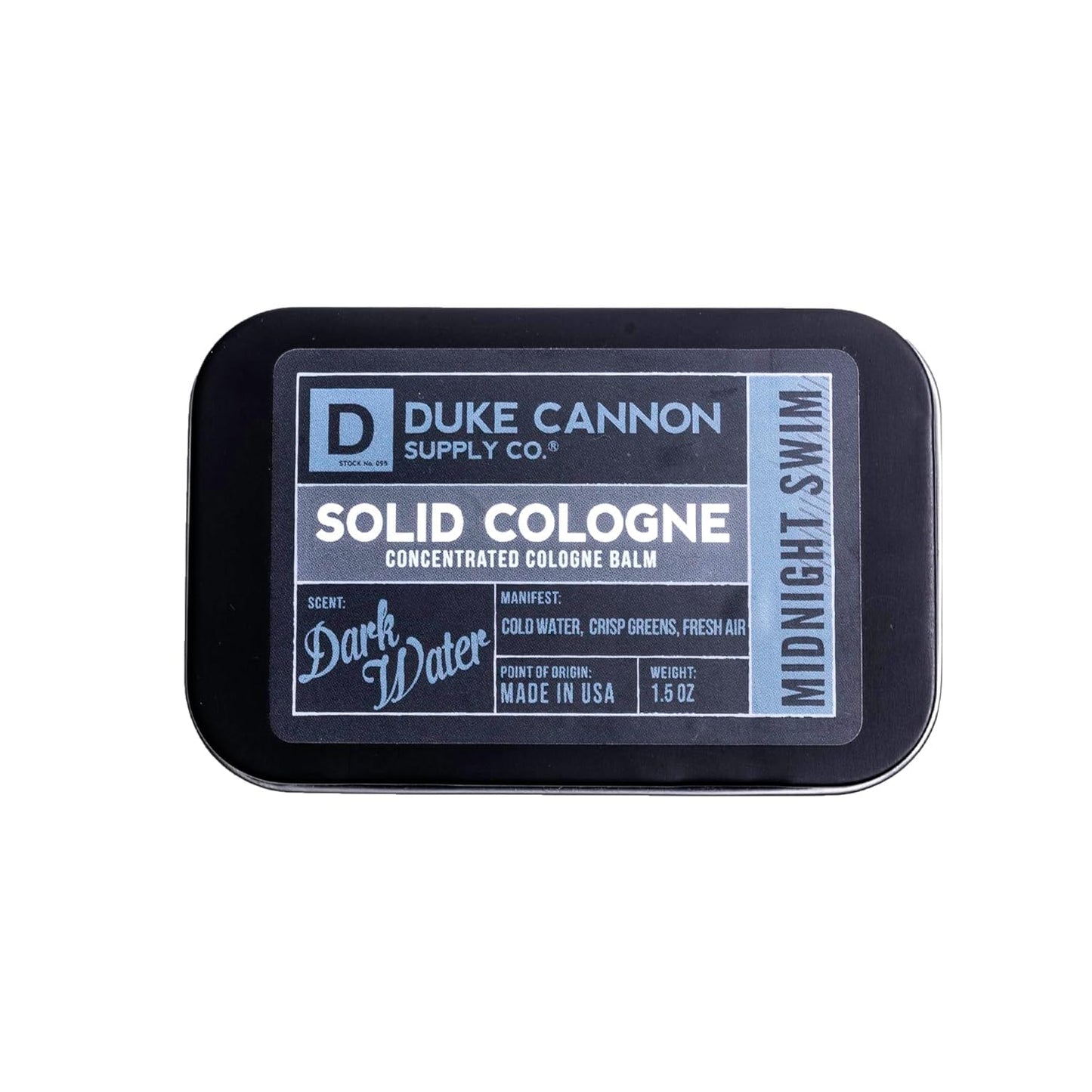 Duke Cannon Supply Co. Solid Cologne for Men Midnight Swim - Cold Water, Crisp Greens, Fresh Air - Concentrated Balm, Travel-Friendly Tin, 1.5 oz (1 unit)