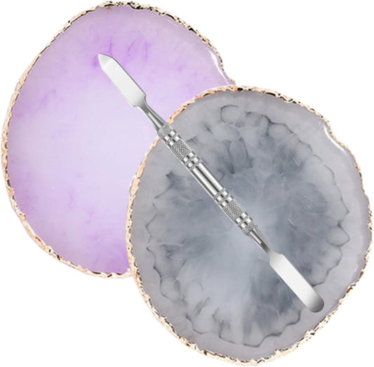 2 Pcs Resin Nail Palette Nail Polish Palette Nail Art Palette with Stainless Stirring Rod (Gray and Purple)
