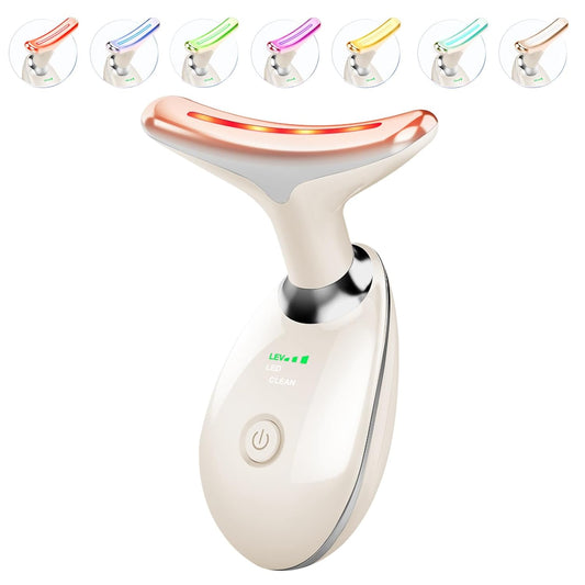 Red Light Therapy for Face and Neck, 7 Color Beauty Face Massager Tool, Vibrating Facial Massager with Thermals for Wrinkles, Double Chin, Glossy White