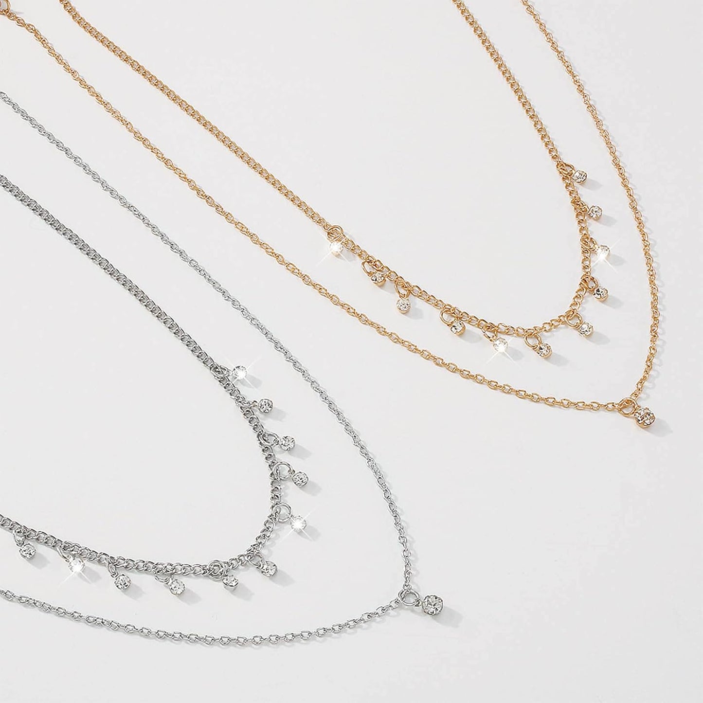 Boho Layered Silver Choker Necklace Crystal Pendant Necklace Rhinestone Tassel Choker Necklace Sparkly CZ Dangle Necklace Chain Jewelry for Women and Girls (Silver)