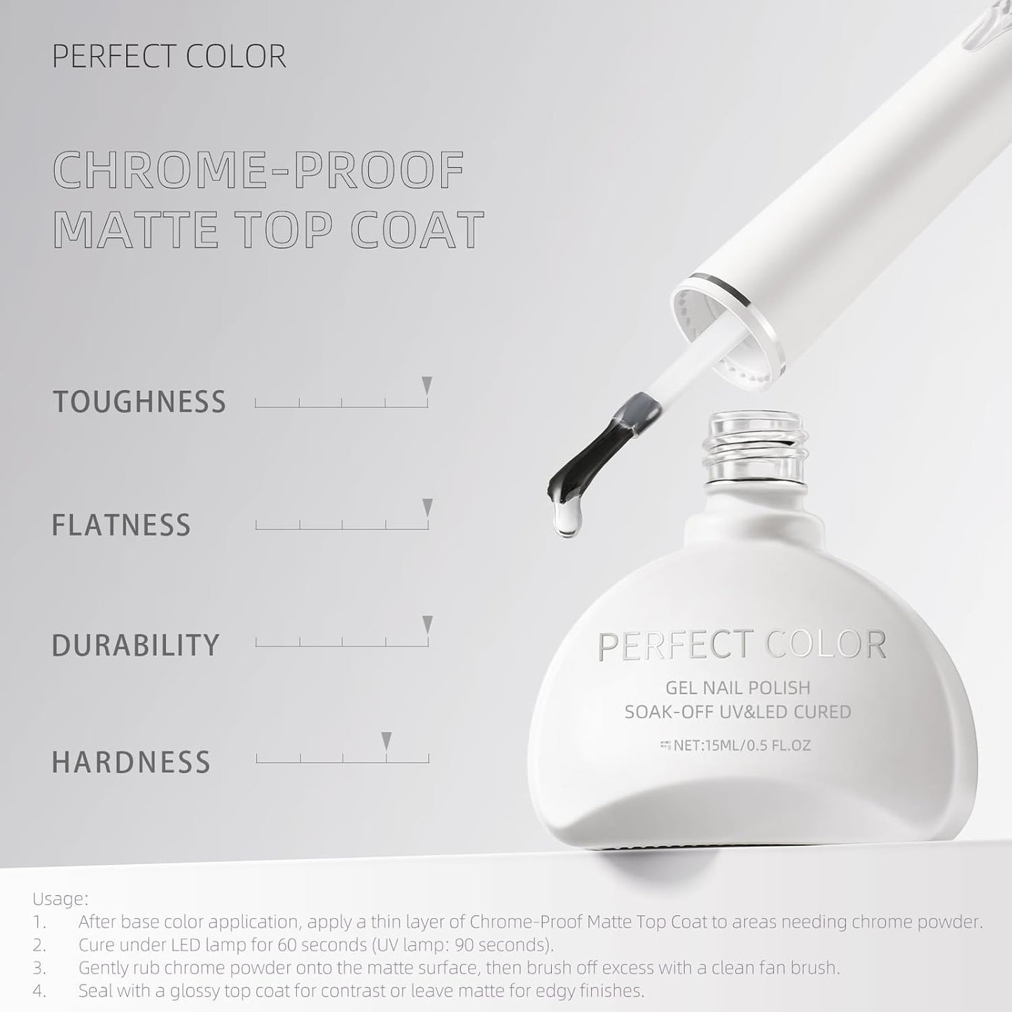 PERFECT COLOR Chrome-Proof Matte Top Coat, UV/LED Cured Gel Nail Polish, Anti-Stick Long-Lasting Formula, 0.5 Fl Oz