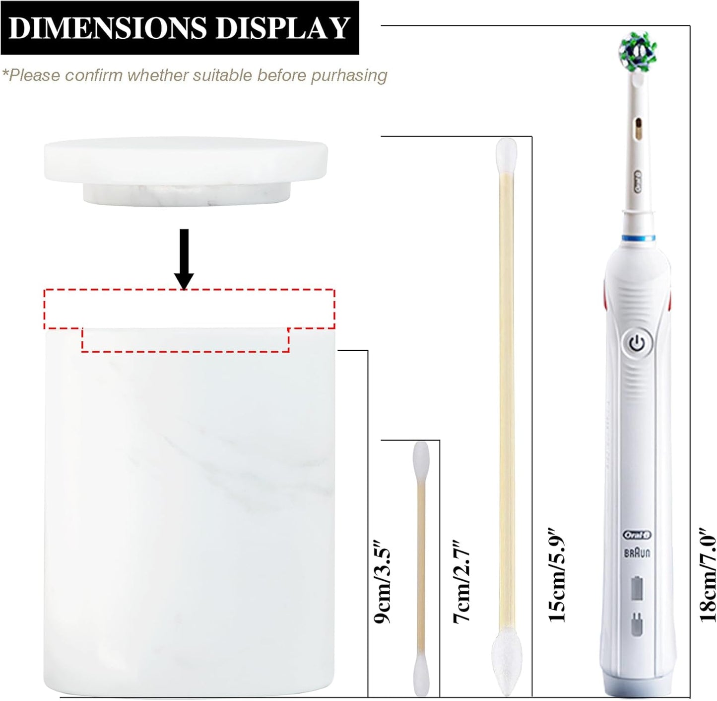 WORHE Marble Canister with Lid Natural Qtip Holder for Cotton Swabs, Balls, Pads, Floss Picks, Bath Salts - Vanity Makeup Storage Organizer Bathroom Essentials Accessories Decor White (DL011)