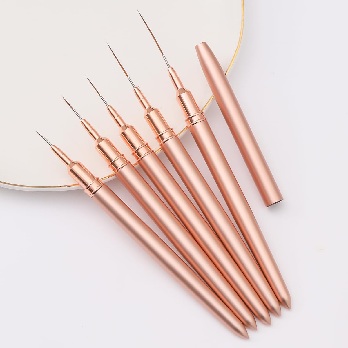Metallic Nail Art Brushes, 5Pcs Nail Art Liner Brushes, Painting Art Design Brush Set Nail Dotting Drawing Tool for Long Lines, Thin Details, Fine Drawing Sizes 4/8/12/20/25mm, Rose Gold