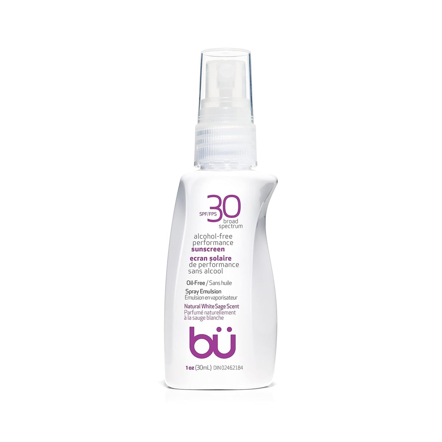 BU SPF 30 Sunscreen Spray for Face and Body, Non Aerosol Spray, TSA Travel Size Sunblock, Clear, Non Greasy, Water Resistant, White Sage 1 oz