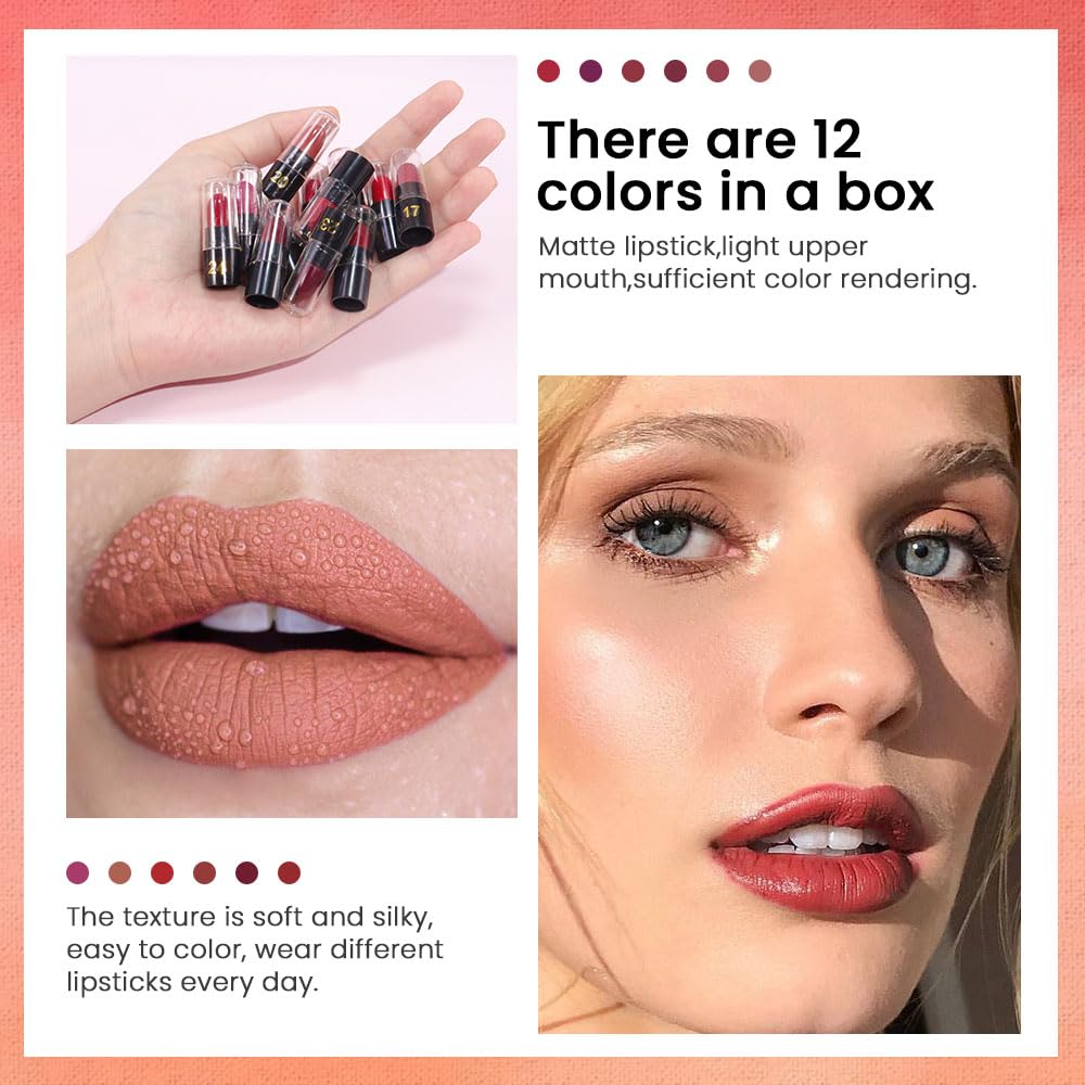 evpct 12Pcs Mini Pills Lipstick Capsule Set for Women Waterproof Long Lasting, Dark Ruby Deep Wine Mauve Red Purple Nude Brown Matte Small Magic Permanent 24 Hour Lipstick Bulk Samples 02