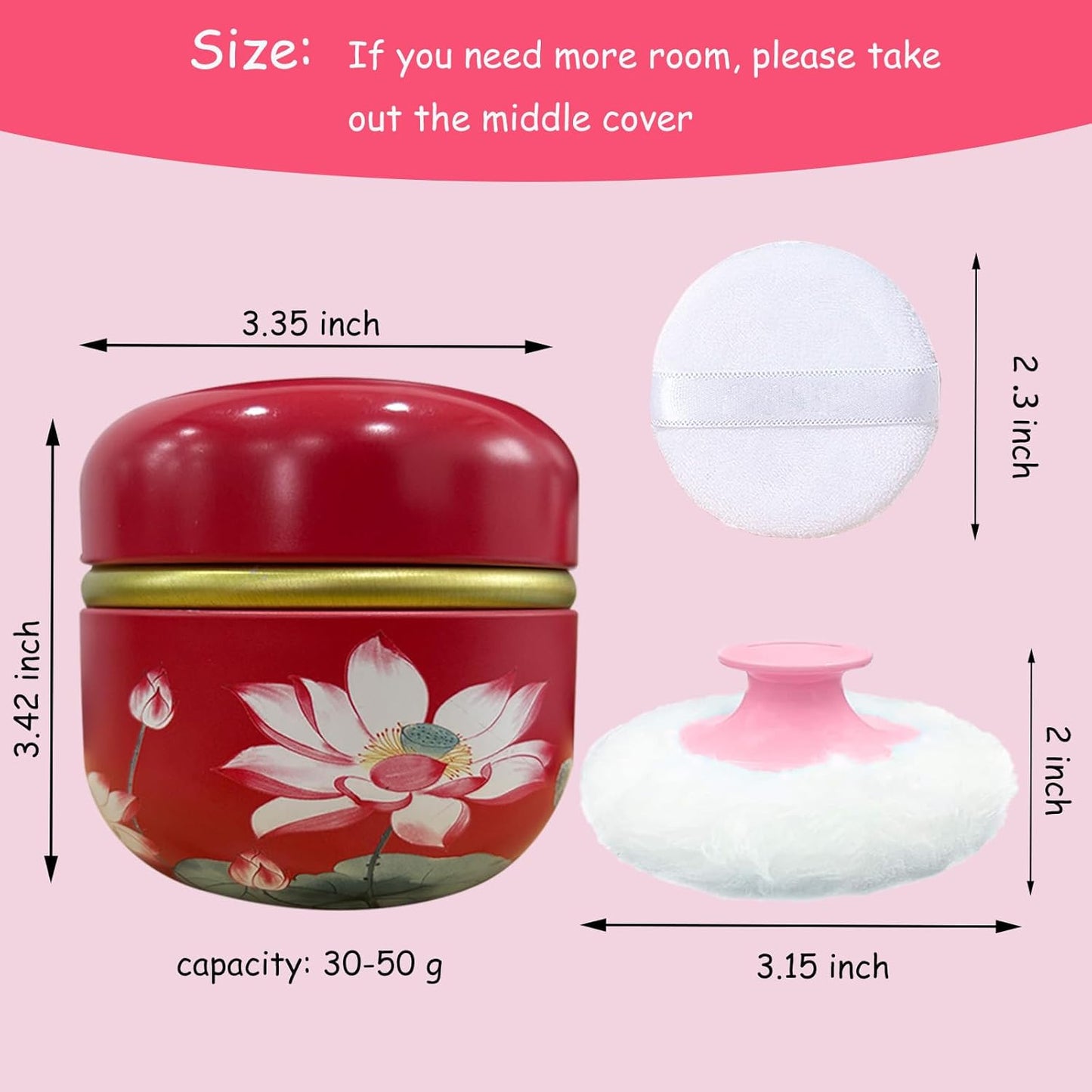 Body Powder Puff and Container for Dusting Powder, Women Powder Puff and Powder Case for Bath and Travel (Lotus Red)