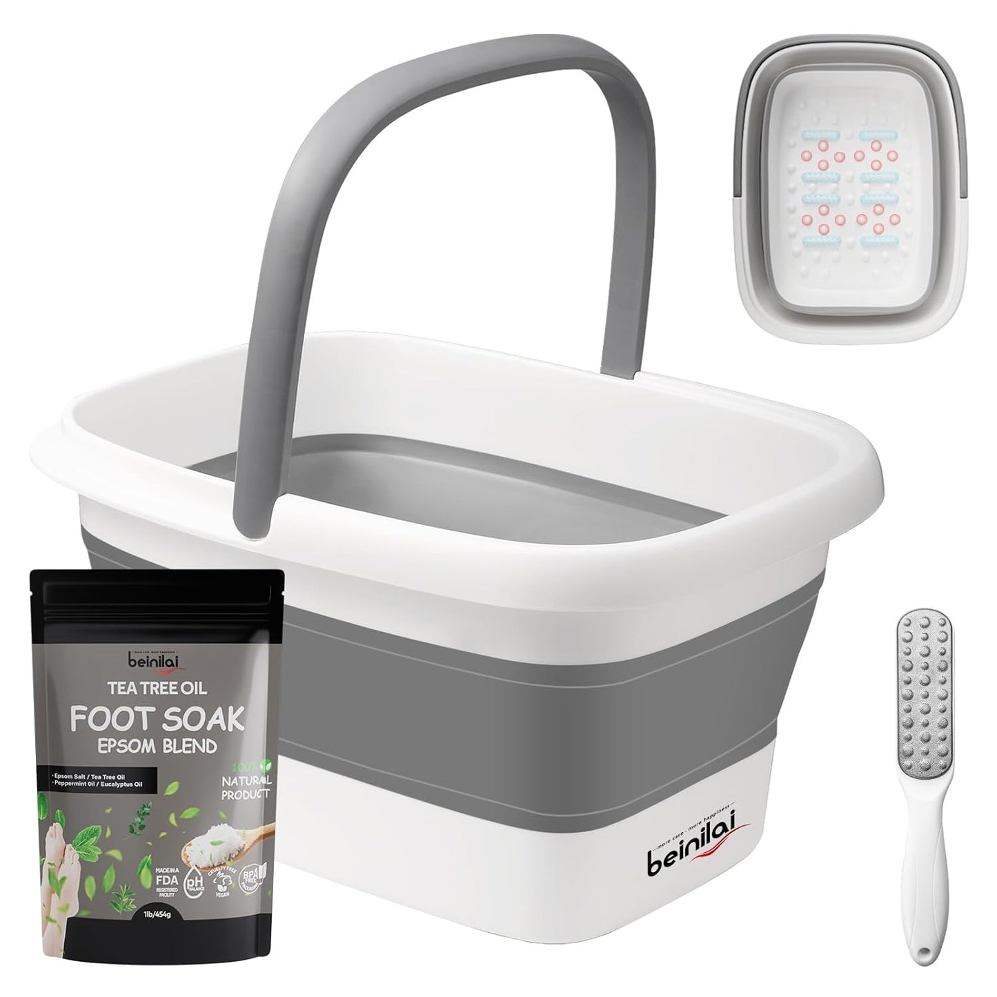 Beinilai Collapsible Foot Bath Kit, Foot Soaking Tub with Handle and Massage Acupoint, Tea Tree Oil Foot Soak with Epsom Salt, and Pedicure Feet File