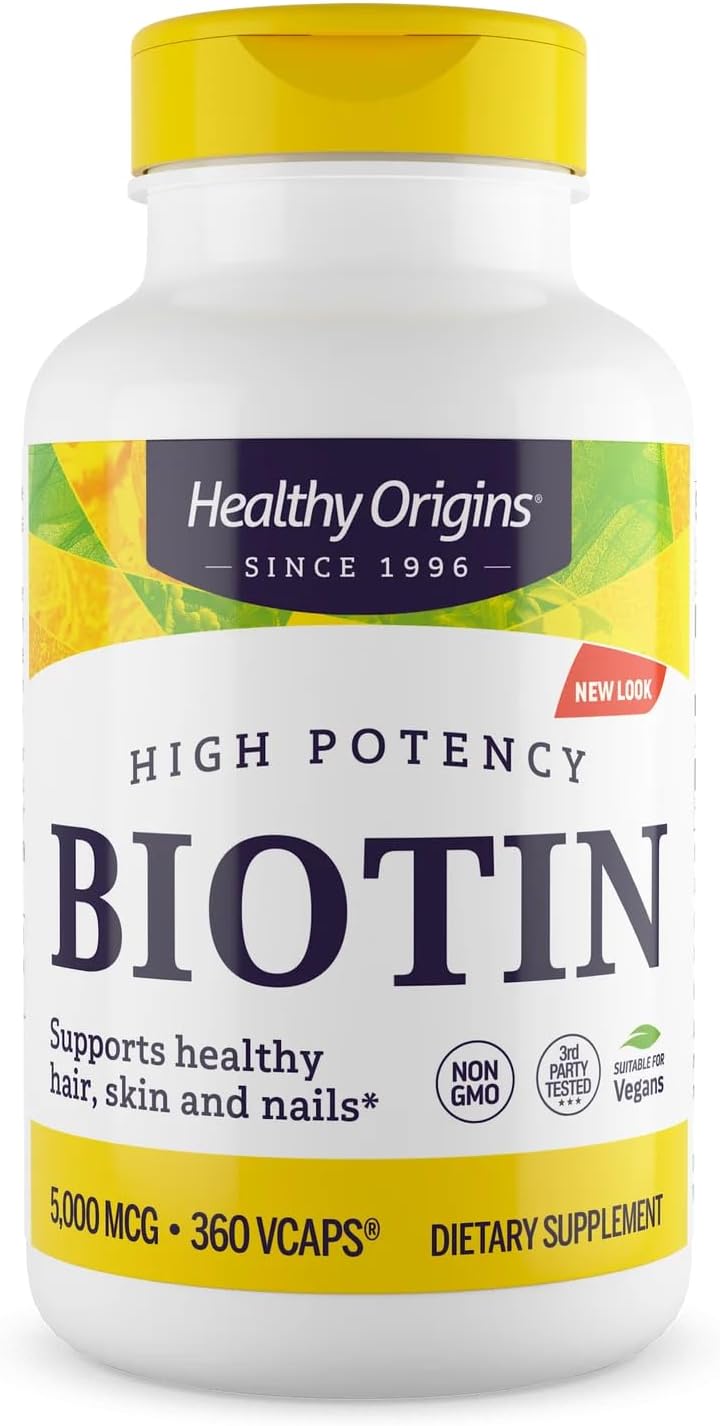 Healthy Origins Biotin 5,000 mcg (USP Grade, Non-GMO, Gluten Free, Hair Support, Nail Support), 360 Veggie Caps