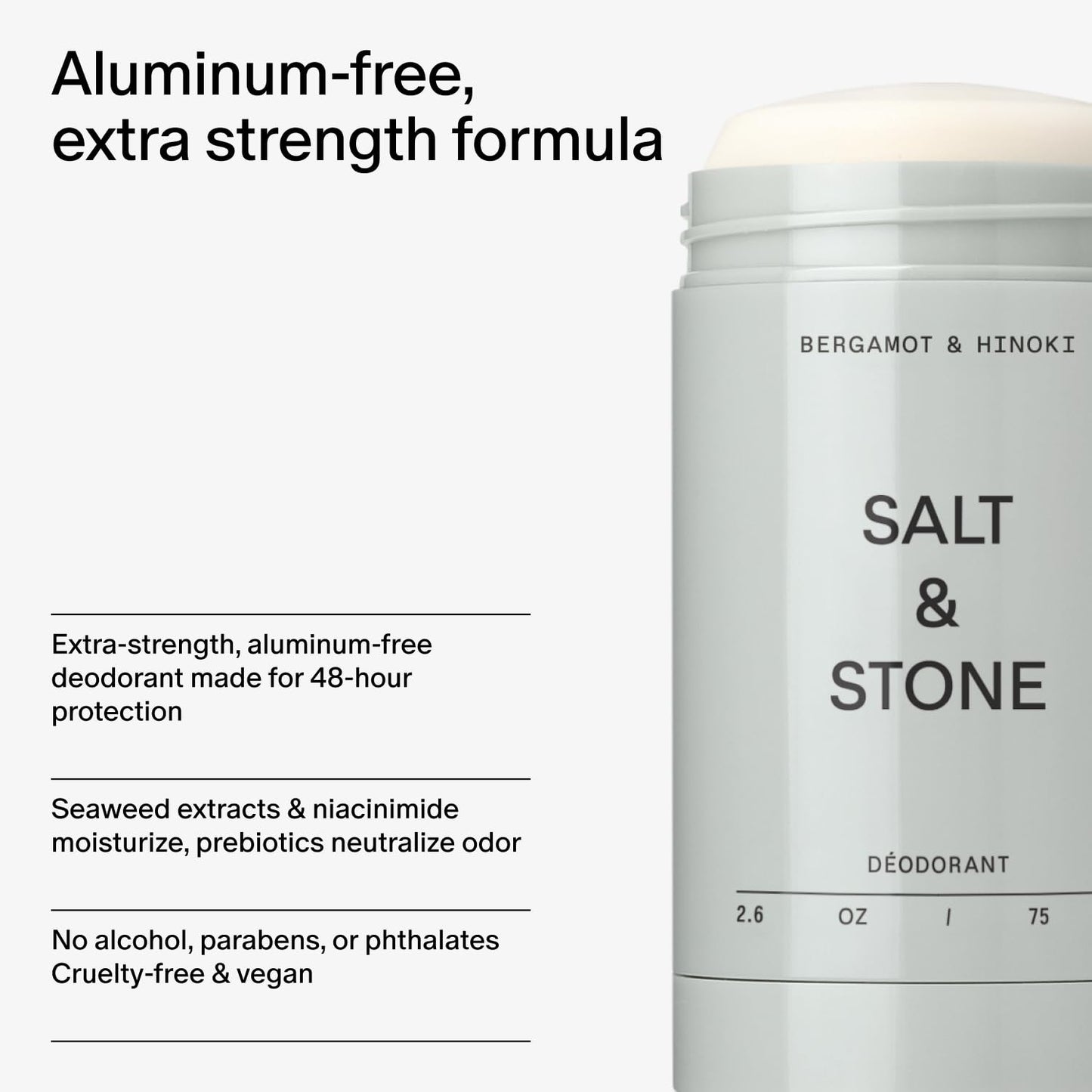 SALT & STONE Aluminum Free Deodorant | Extra Strength 48 Hour Protection for Women & Men | Made with Seaweed Extracts, Shea Butter & Prebiotics (Bergamot & Hinoki)