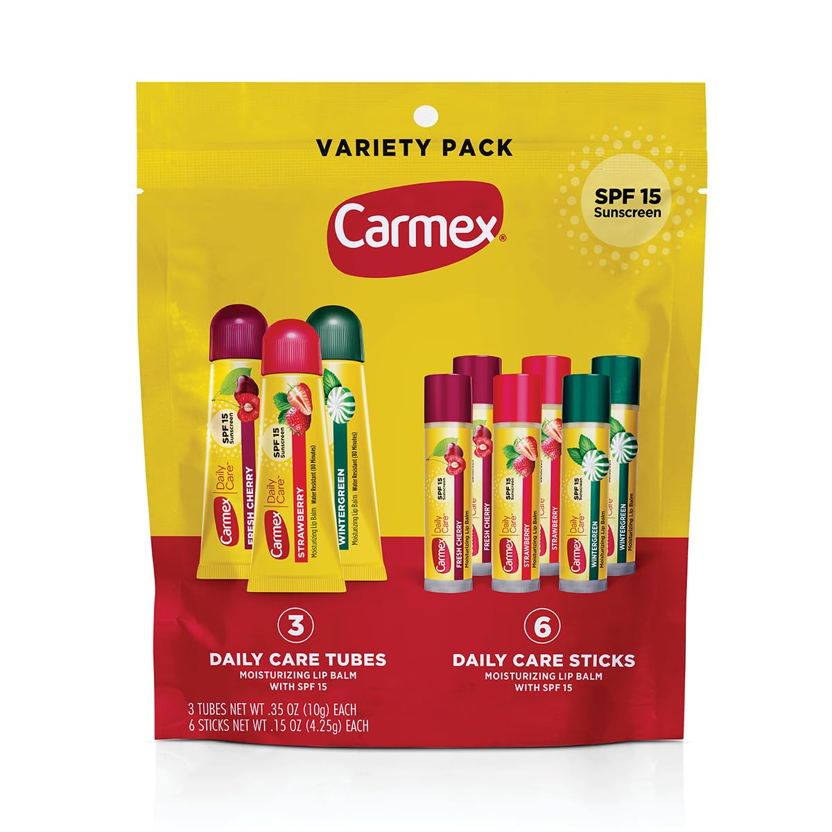 Carmex Daily Care Moisturizing Lip Balm Pack, SPF 15, Multi-Flavor Lip Care Variety Pack Bag, 9 Count (3 Tubes, 6 Sticks)