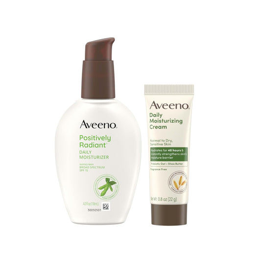 Aveeno Skincare Bundle, Positively Radiant Daily SPF 15 Facial Sunscreen Moisturizer + Soy, 4 fl. oz, & Travel Size Daily Moisturizing Cream for Body, Face, & Hands, 0.8 oz, Two Pack, 2 Items